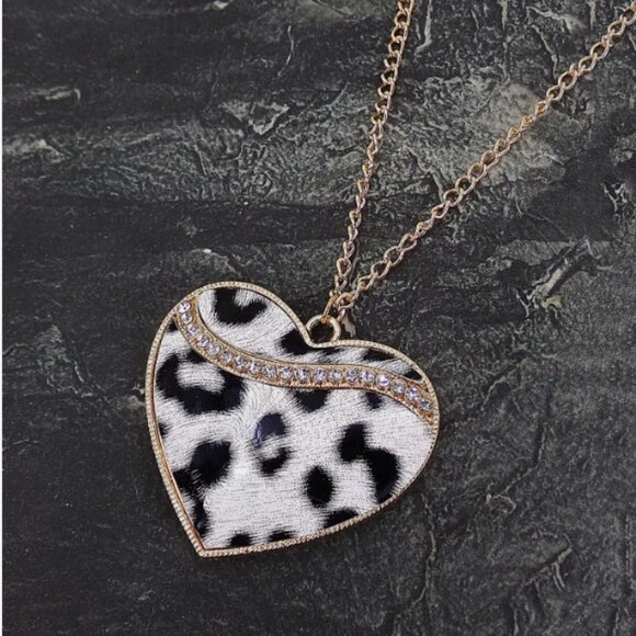 Large Animal Print Heart Pendant Necklace with Crystals, Fashion Heart Necklace - Picture 2 of 7